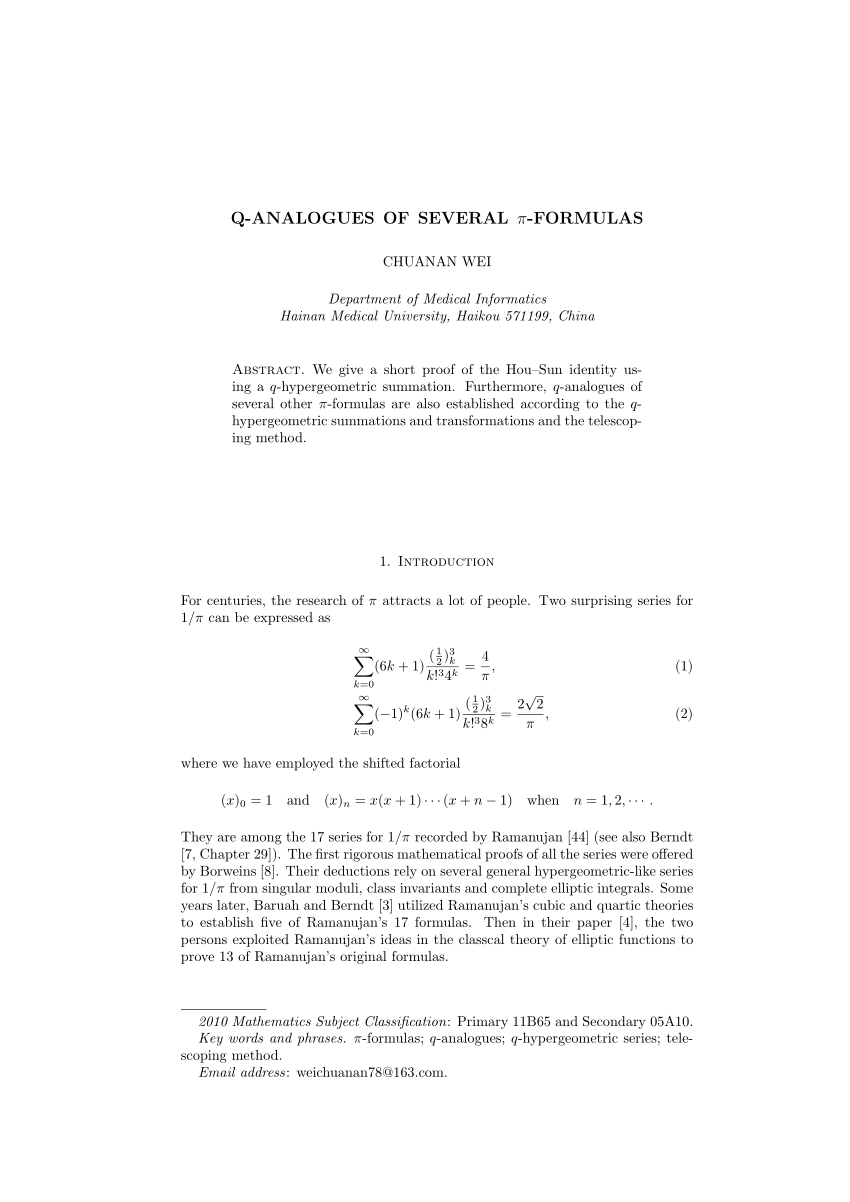 Pdf Q Analogues Of Several Pi Formulas