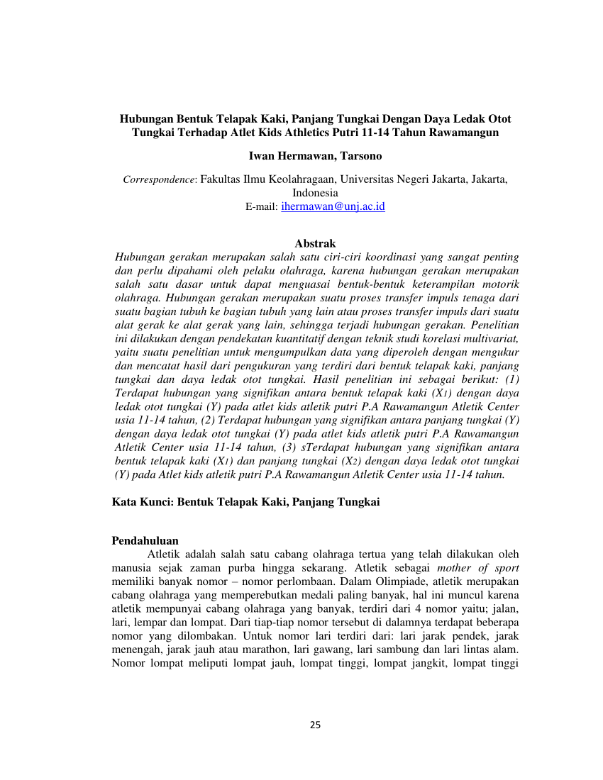 Pdf Hubungan Bentuk Telapak Kaki Panjang Tungkai Dengan Daya Ledak Otot Tungkai Terhadap Atlet Kids Athletics Putri 11 14 Tahun Rawamangun