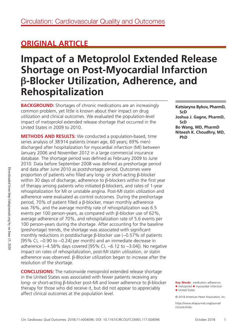 (PDF) Impact of a Metoprolol Extended Release Shortage on Post