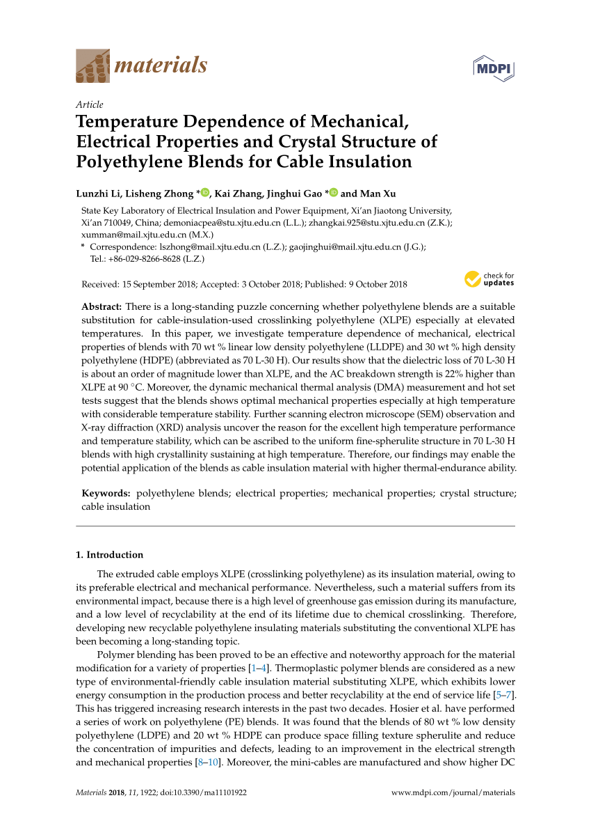Pdf Temperature Dependence Of Mechanical Electrical Properties And Crystal Structure Of Polyethylene Blends For Cable Insulation