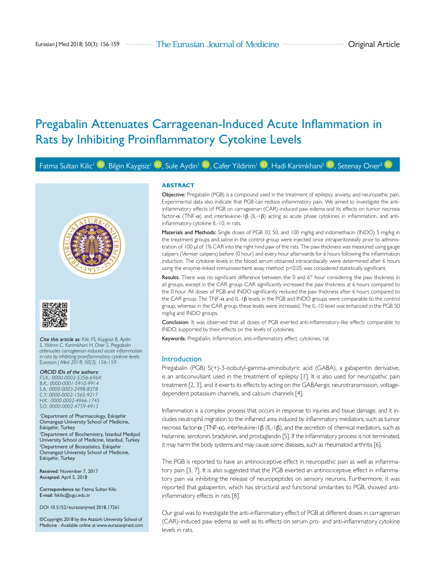 Pdf Pregabalin Attenuates Carrageenan Induced Acute