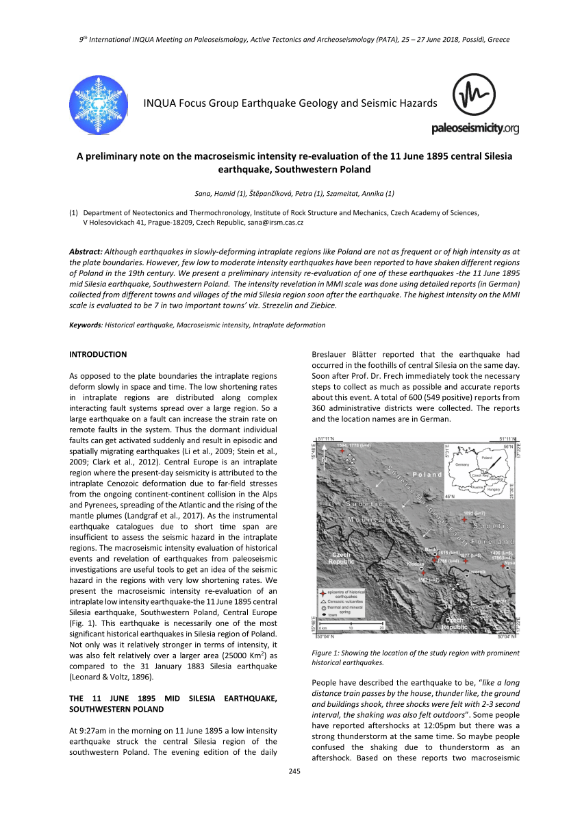 Pdf A Preliminary Note On The Macroseismic Intensity Re Evaluation Of The 11 June 15 Central Silesia Earthquake Southwestern Poland