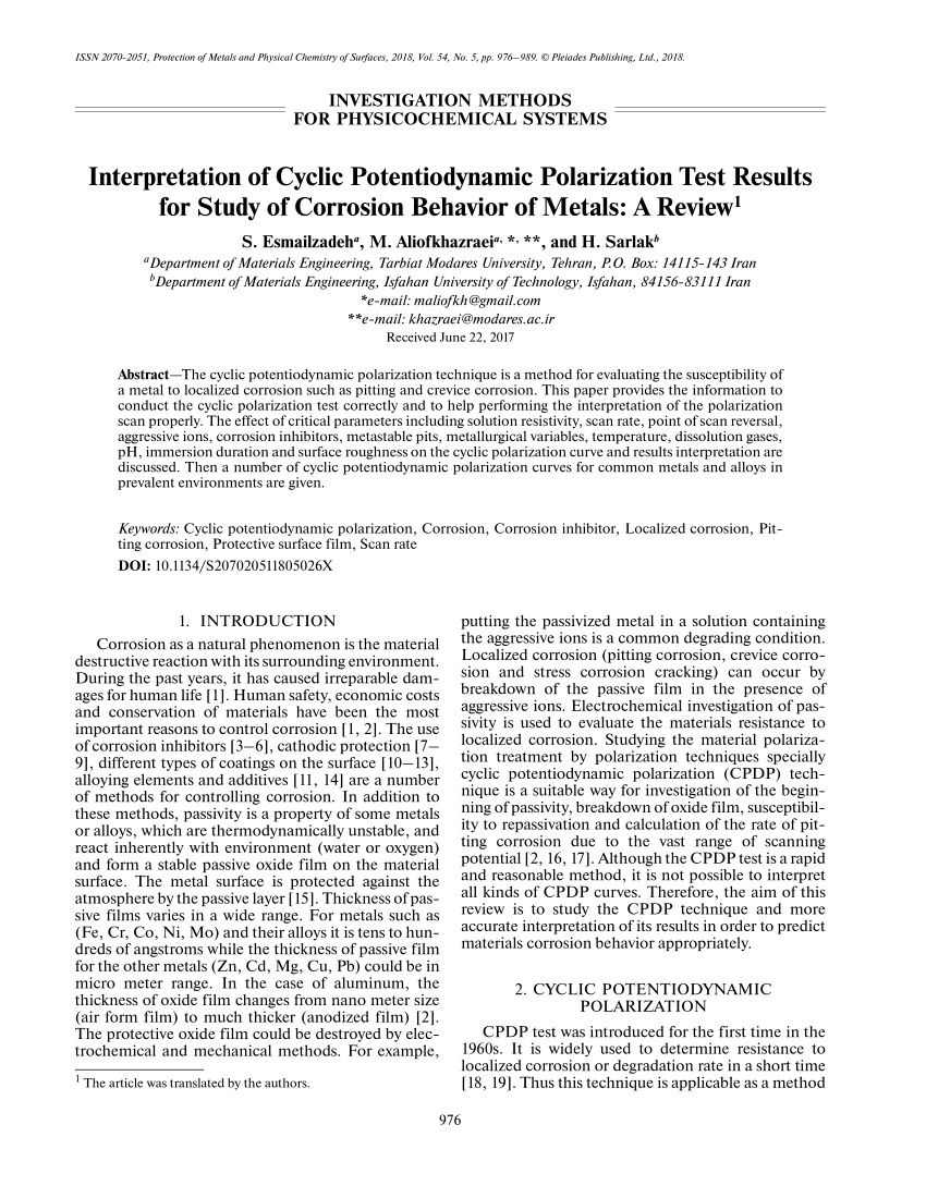 Pdf Interpretation Of Cyclic Potentiodynamic Polarization Test Results For Study Of Corrosion Behavior Of Metals A Review