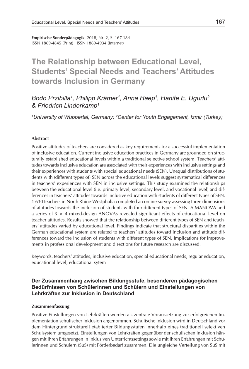 Pdf The Relationship Between Educational Level Students Special Needs And Teachers Attitudes Towards Inclusion In Germany