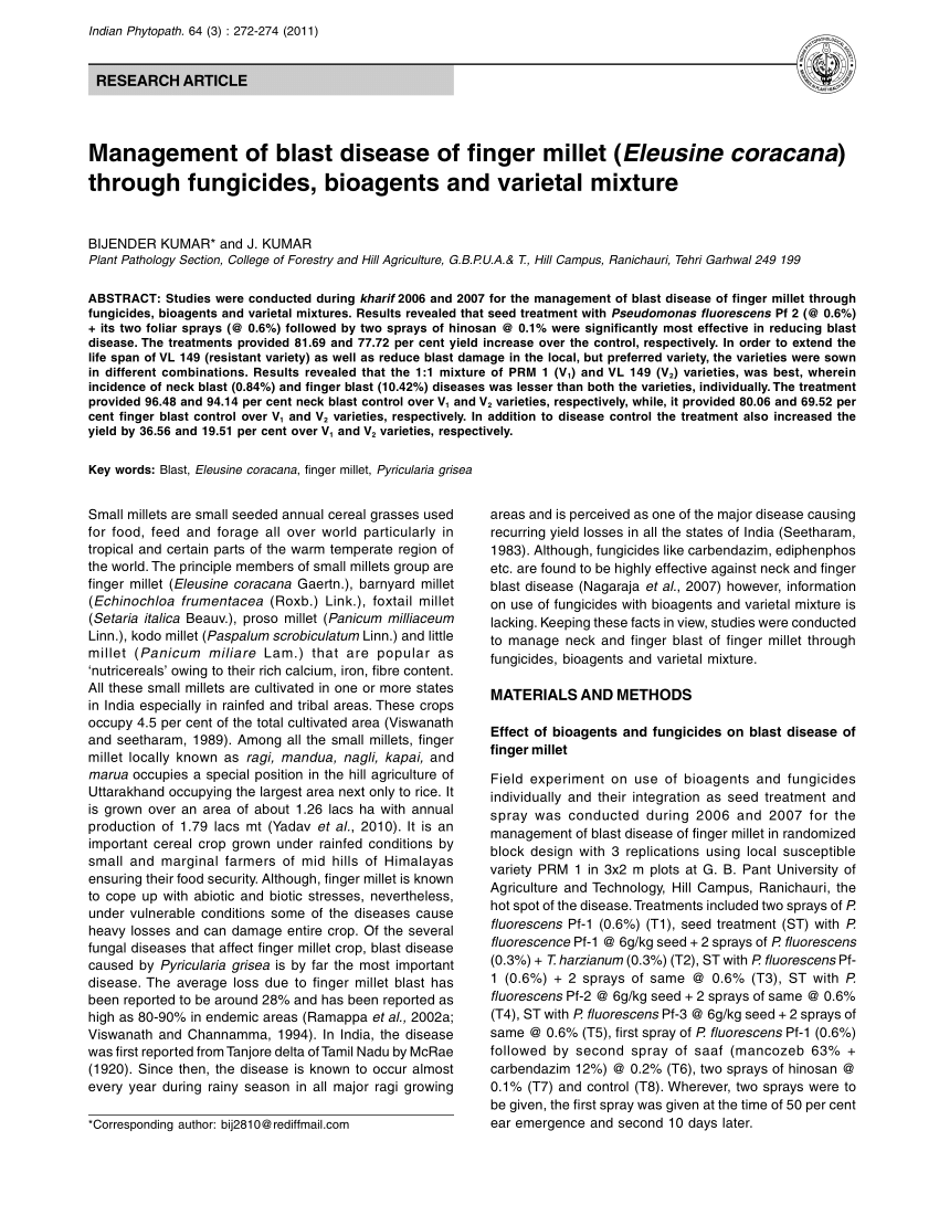 (PDF) Management of blast disease of finger millet (Eleusine coracana