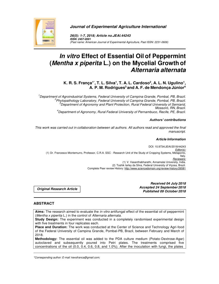 Pdf In Vitro Effect Of Essential Oil Of Peppermint Mentha X Piperita L On The Mycelial Growth Of Alternaria Alternata