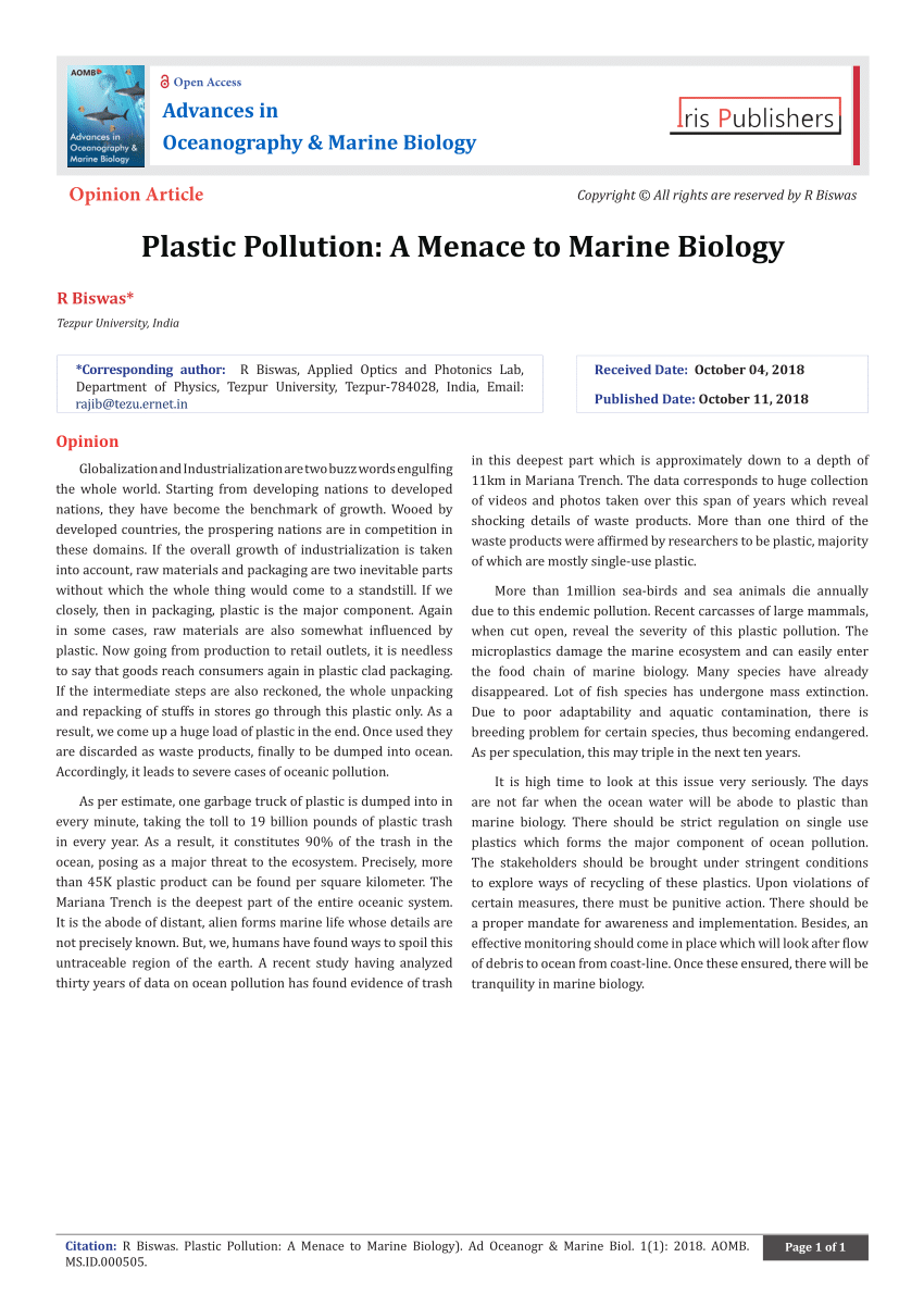 Pdf Plastic Pollution A Menace To Marine Biology