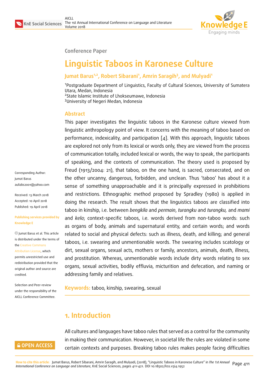 Pdf Linguistic Taboos In Karonese Culture