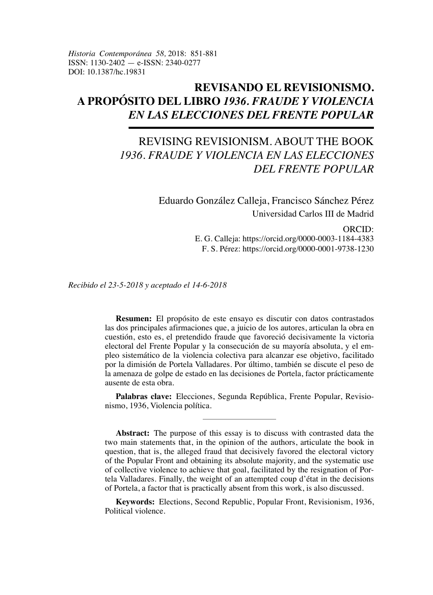 tuyo Automático Continuar PDF) Revising revisionism. About the book 1936. fraude y violencia en las  elecciones del Frente popular