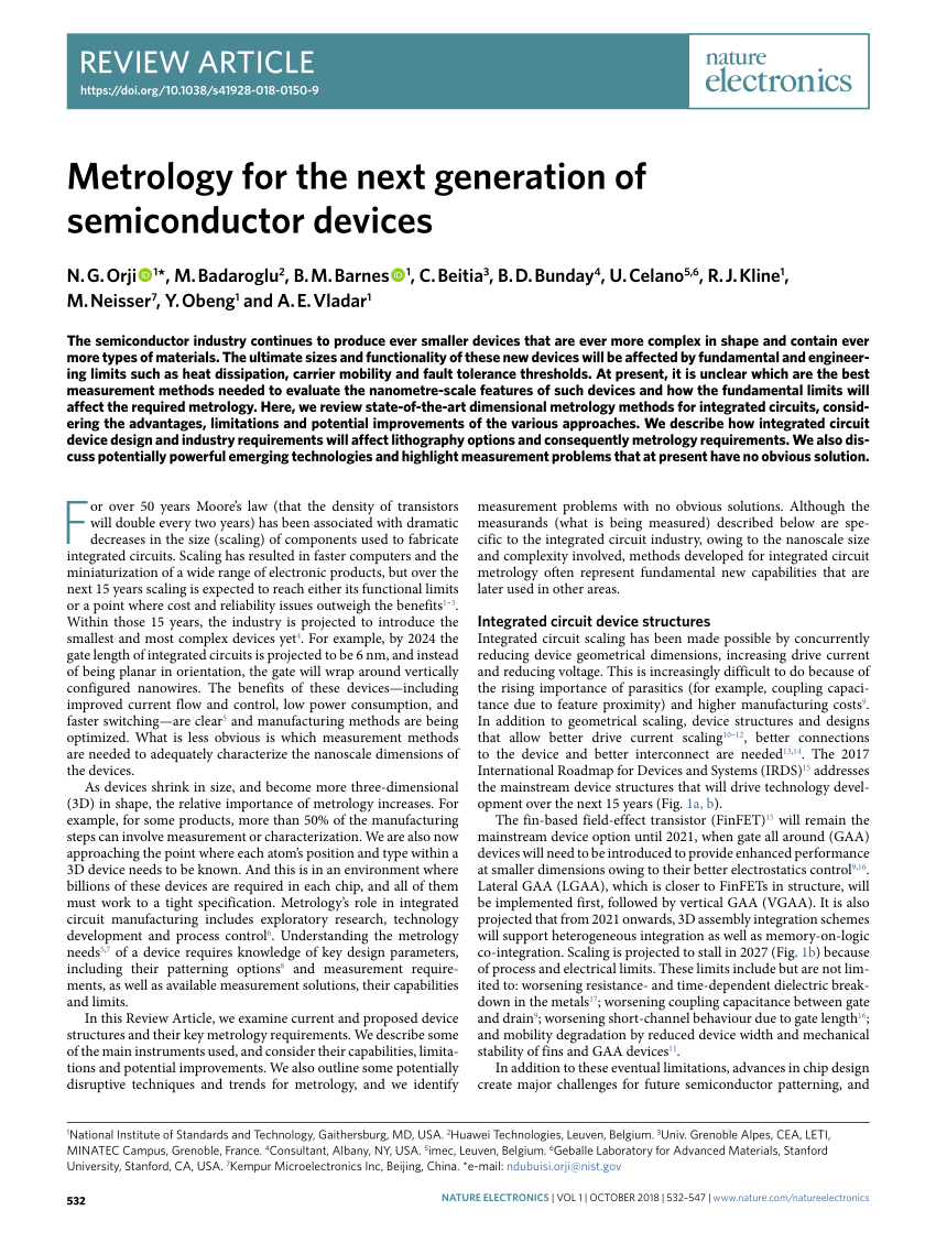 Pdf Metrology For The Next Generation Of Semiconductor Devices