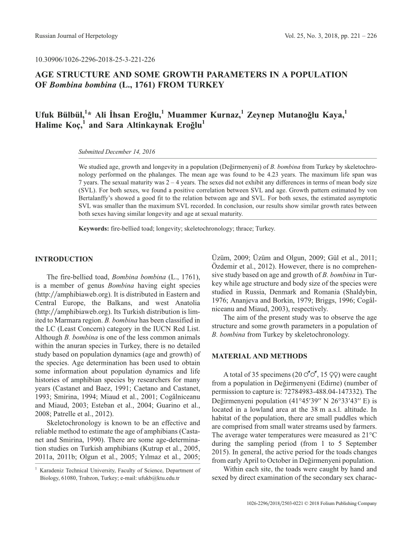 PDF) Age Structure and Some Growth Parameters in a Population of Bombina  bombina (L.1761) from Turkey