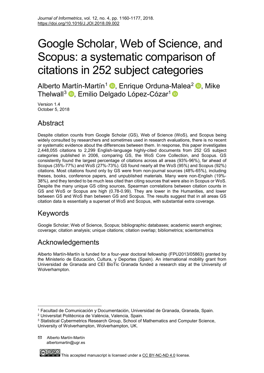Pdf Google Scholar Web Of Science And Scopus A Systematic Comparison Of Citations In 252 Subject Categories