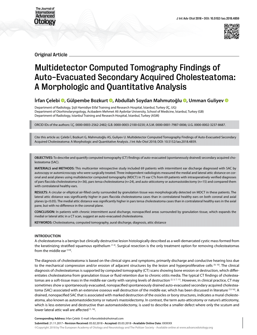 Pdf Multidetector Computed Tomography Findings Of Auto Evacuated Secondary Acquired Cholesteatoma A Morphologic And Quantitative Analysis