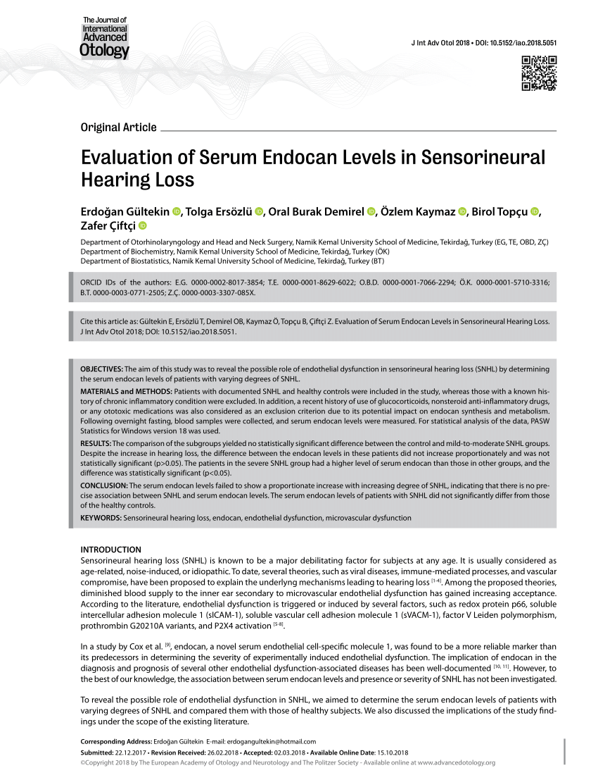 Pdf Evaluation Of Serum Endocan Levels In Sensorineural Hearing Loss