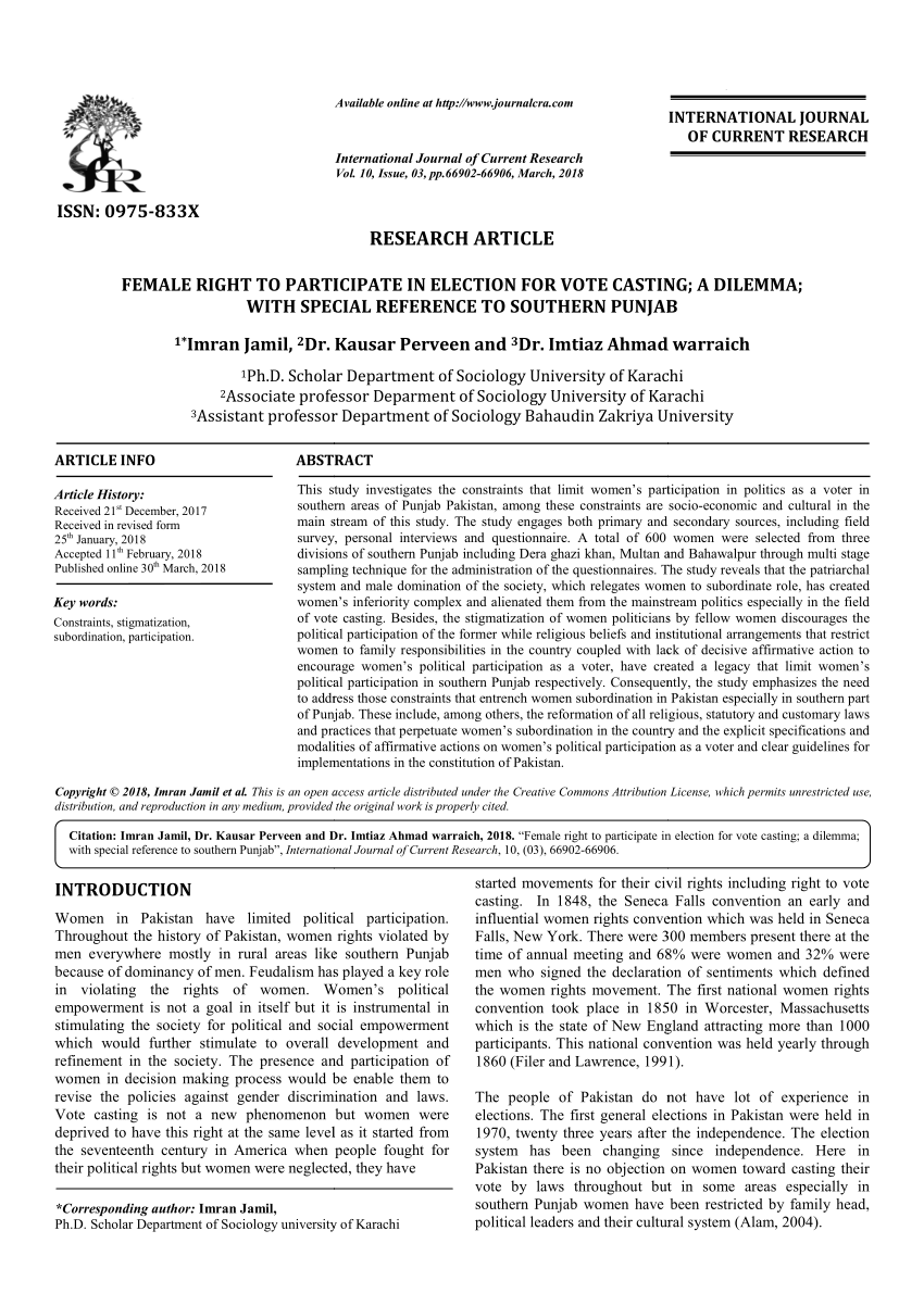 Pdf Female Right To Participate In Election For Vote Casting A Dilemma With Special Reference To Southern Punjab