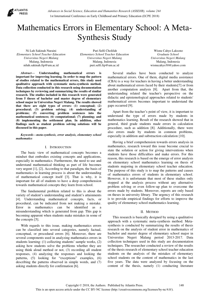 Pdf Mathematics Errors In Elementary School A Meta Synthesis Study