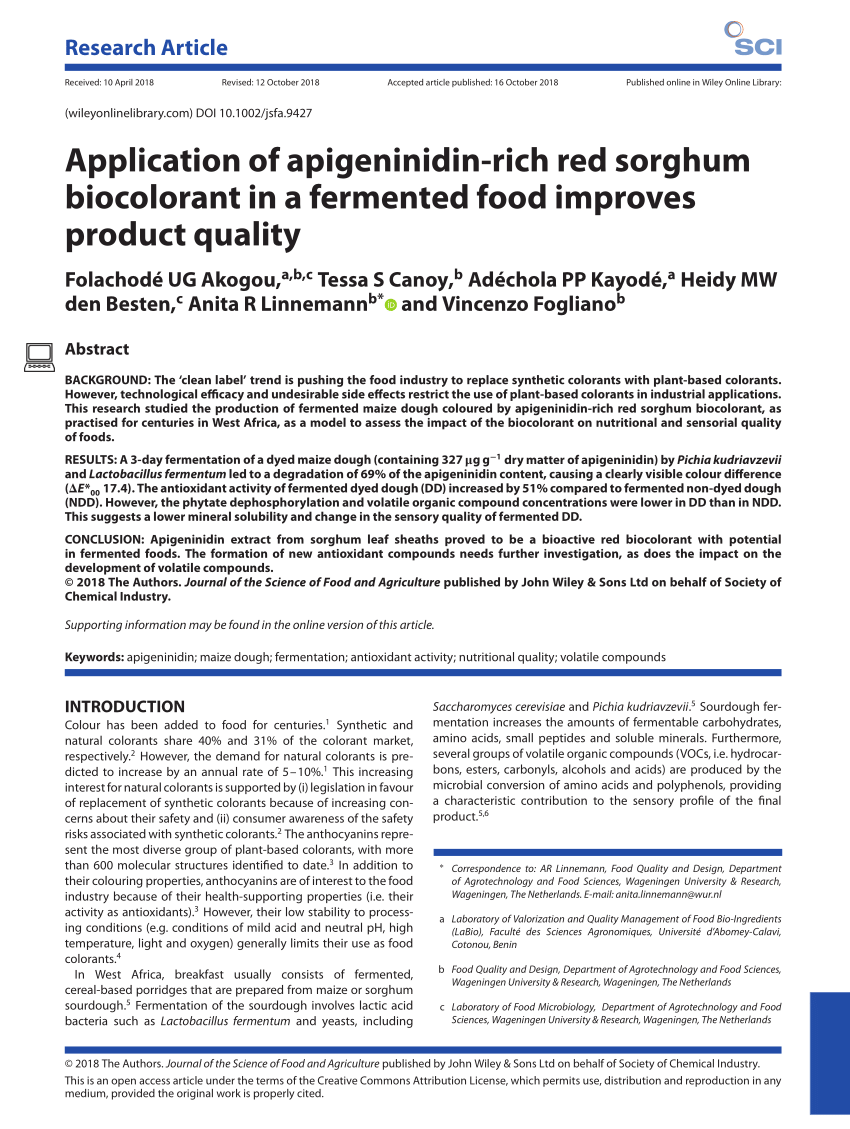 Pdf Application Of Apigeninidin Rich Red Sorghum Biocolorant In A Fermented Food Improves Product Quality