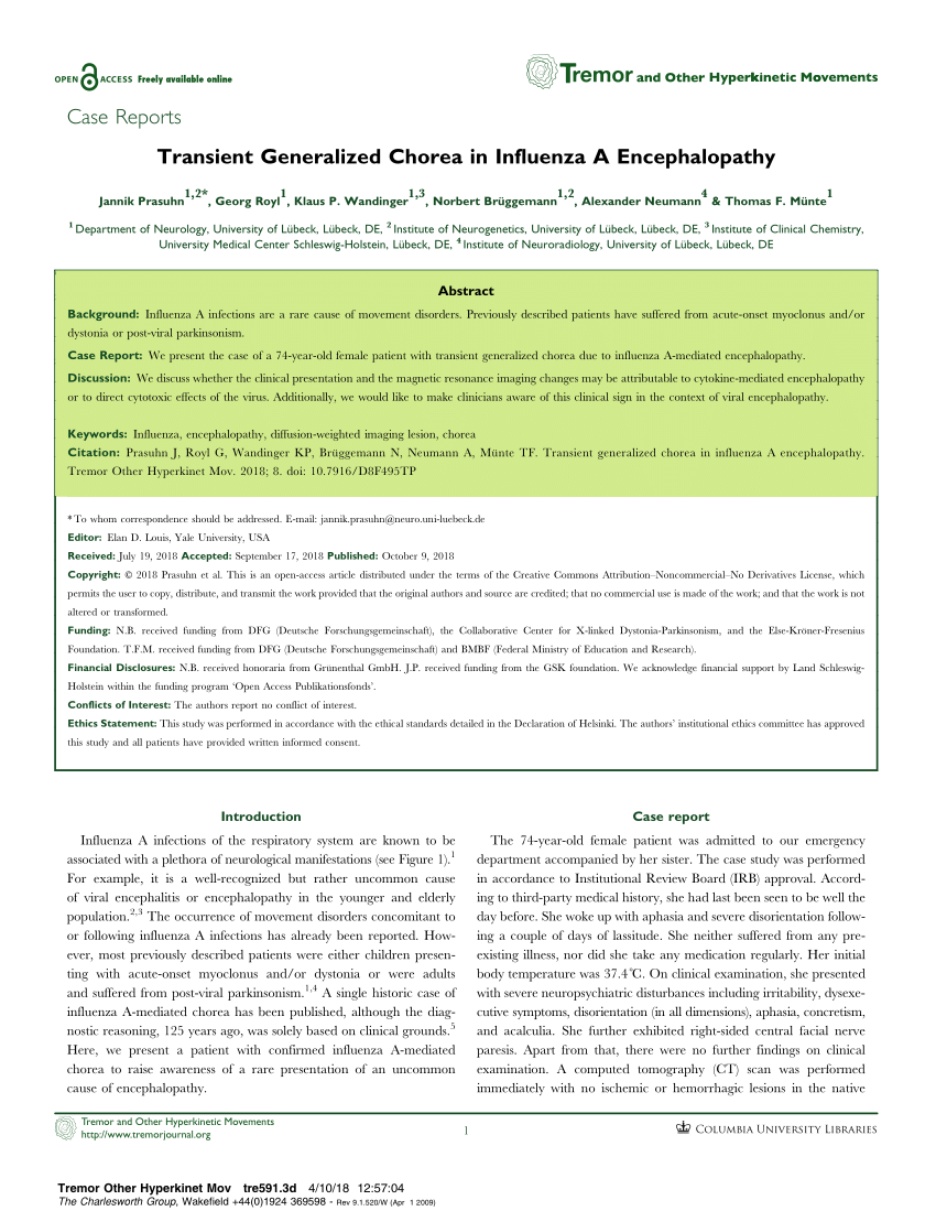 Pdf Transient Generalized Chorea In Influenza A Encephalopathy