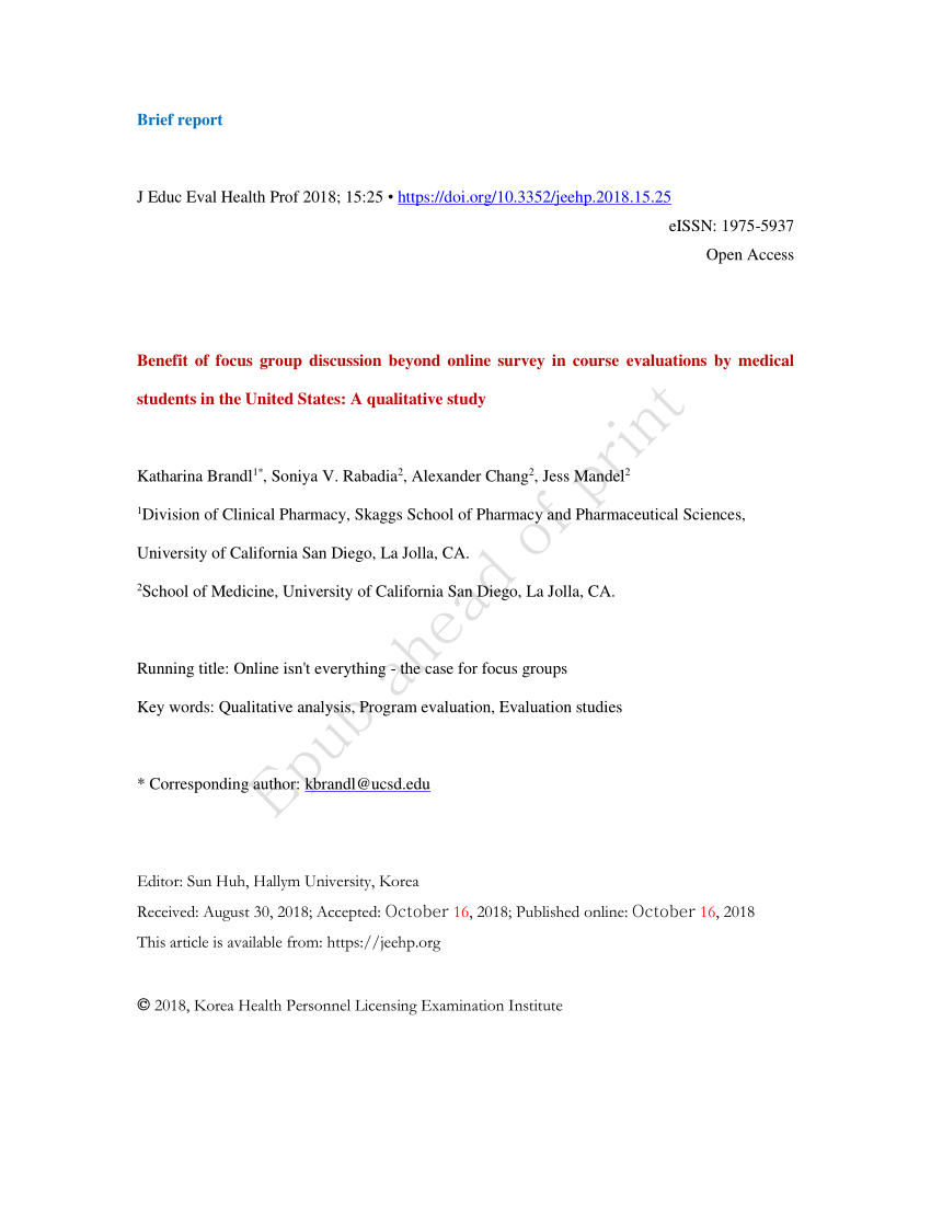 Pdf Benefit Of Focus Group Discussion Beyond Online Survey In - pdf benefit of focus group discussion beyond online survey in course evaluations by medical students in the united states a qualitative study