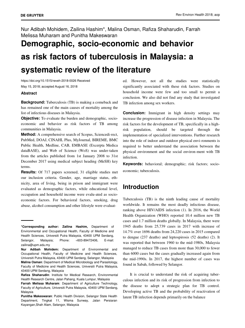 PDF) Demographic, socio-economic and behavior as risk factors of tuberculosis in Malaysia A systematic review of the literature