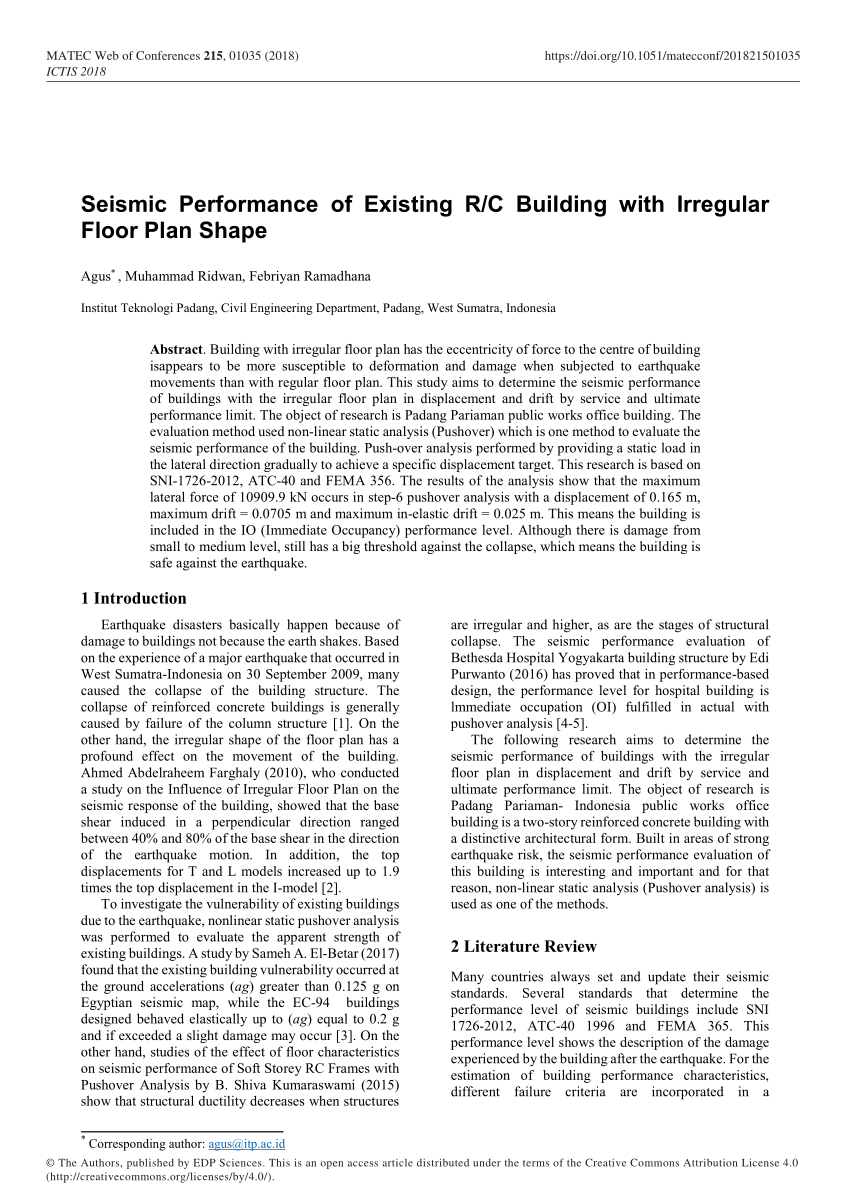 Pdf Seismic Performance Of Existing R C Building With Irregular Floor