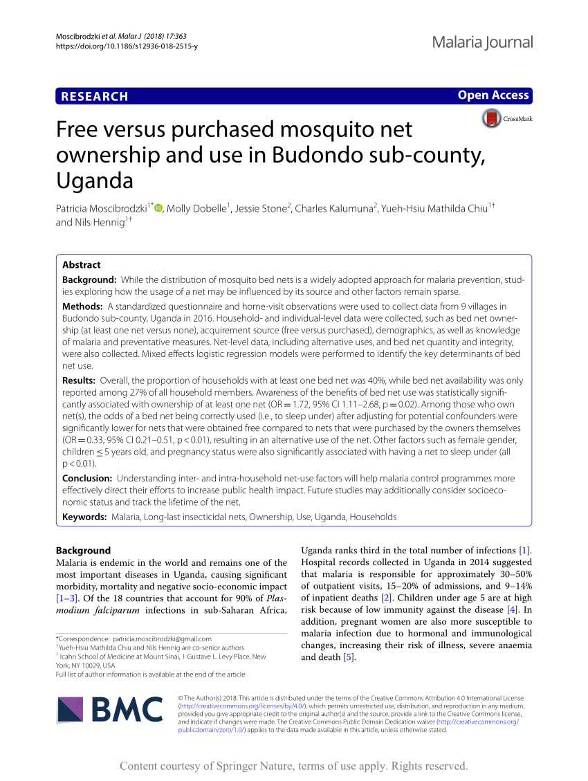 (PDF) Free versus purchased mosquito net ownership and use in Budondo  sub-county, Uganda