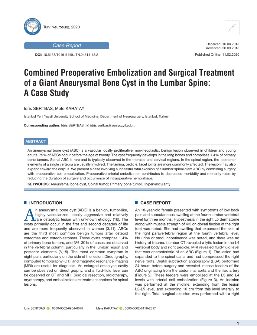 Pdf Combined Preoperative Embolization And Surgical Treatment Of Giant Aneurysmal Bone Cyst In 6601