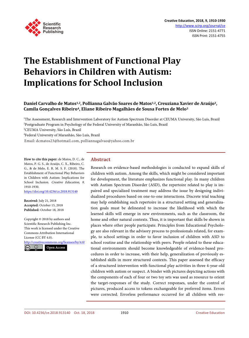 Pdf The Establishment Of Functional Play Behaviors In Children With Autism Implications For School Inclusion