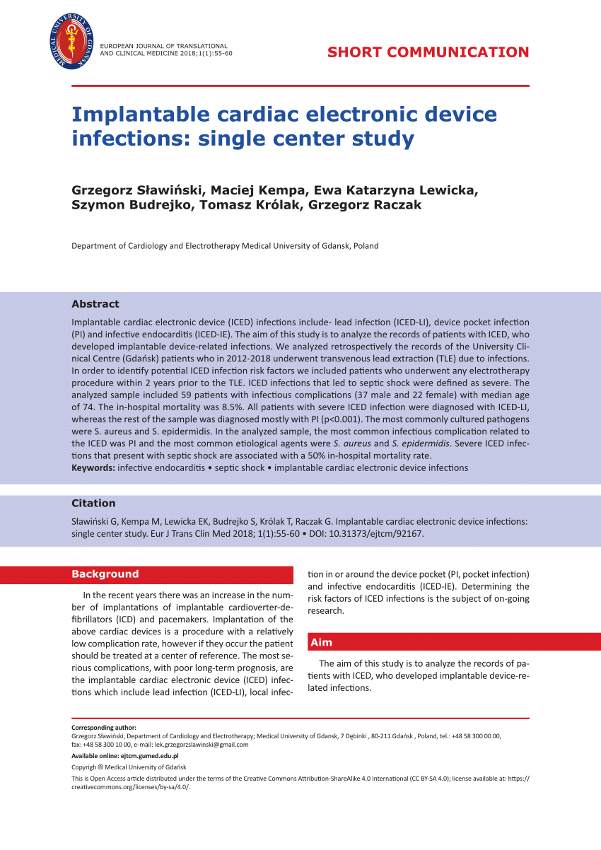 PDF Implantable Cardiac Electronic Device Infections Single Center Study