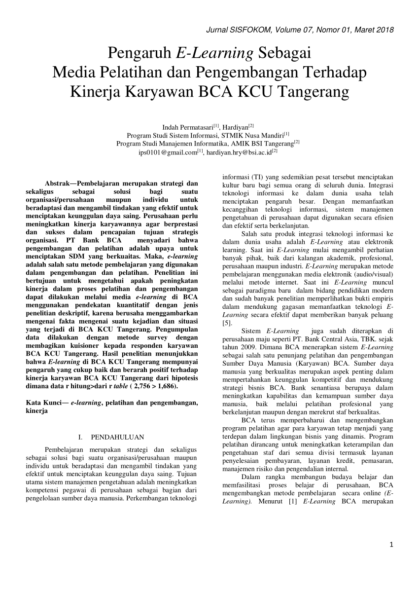 Pdf Pengaruh E Learning Sebagai Media Pelatihan Dan Pengembangan Terhadap Kinerja Karyawan Bca Kcu Tangerang