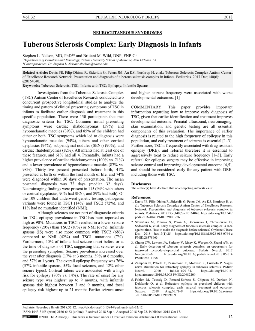 Pdf Tuberous Sclerosis Complex Early Diagnosis In Infants