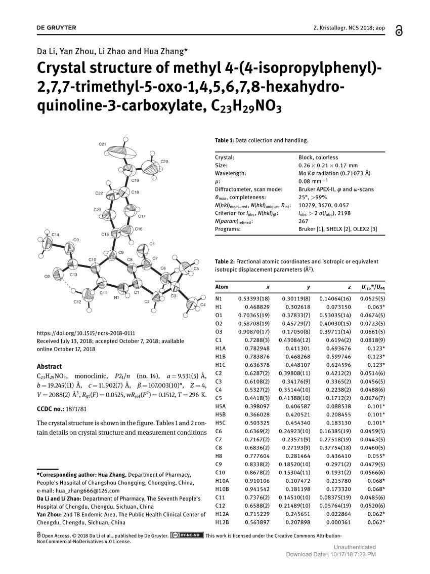 Pdf Crystal Structure Of Methyl 4 4 Isopropylphenyl 2 7 7 Trimethyl 5 Oxo 1 4 5 6 7 8 Hexahydro Quinoline 3 Carboxylate C23h29no3