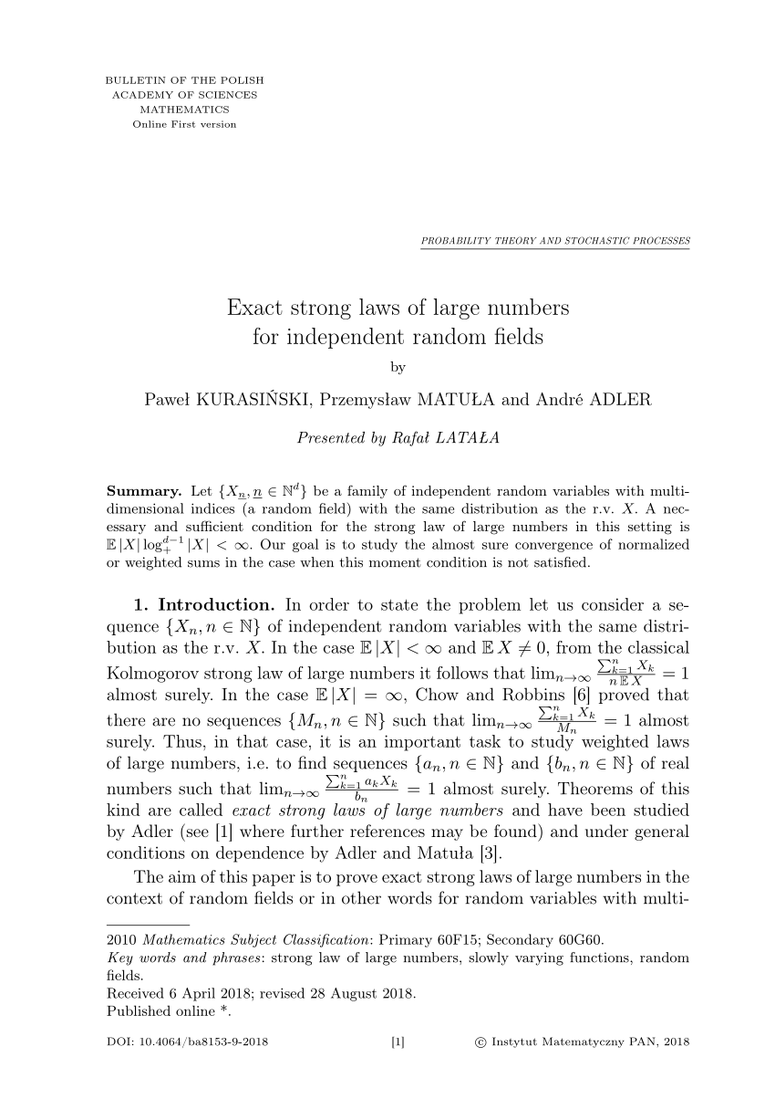 Pdf Exact Strong Laws Of Large Numbers For Independent Random Fields Bulletin Pan Mathematics