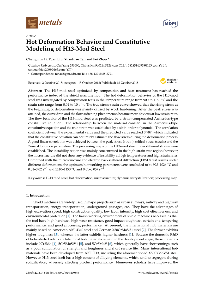 Pdf Hot Deformation Behavior And Constitutive Modeling Of H13 Mod Steel