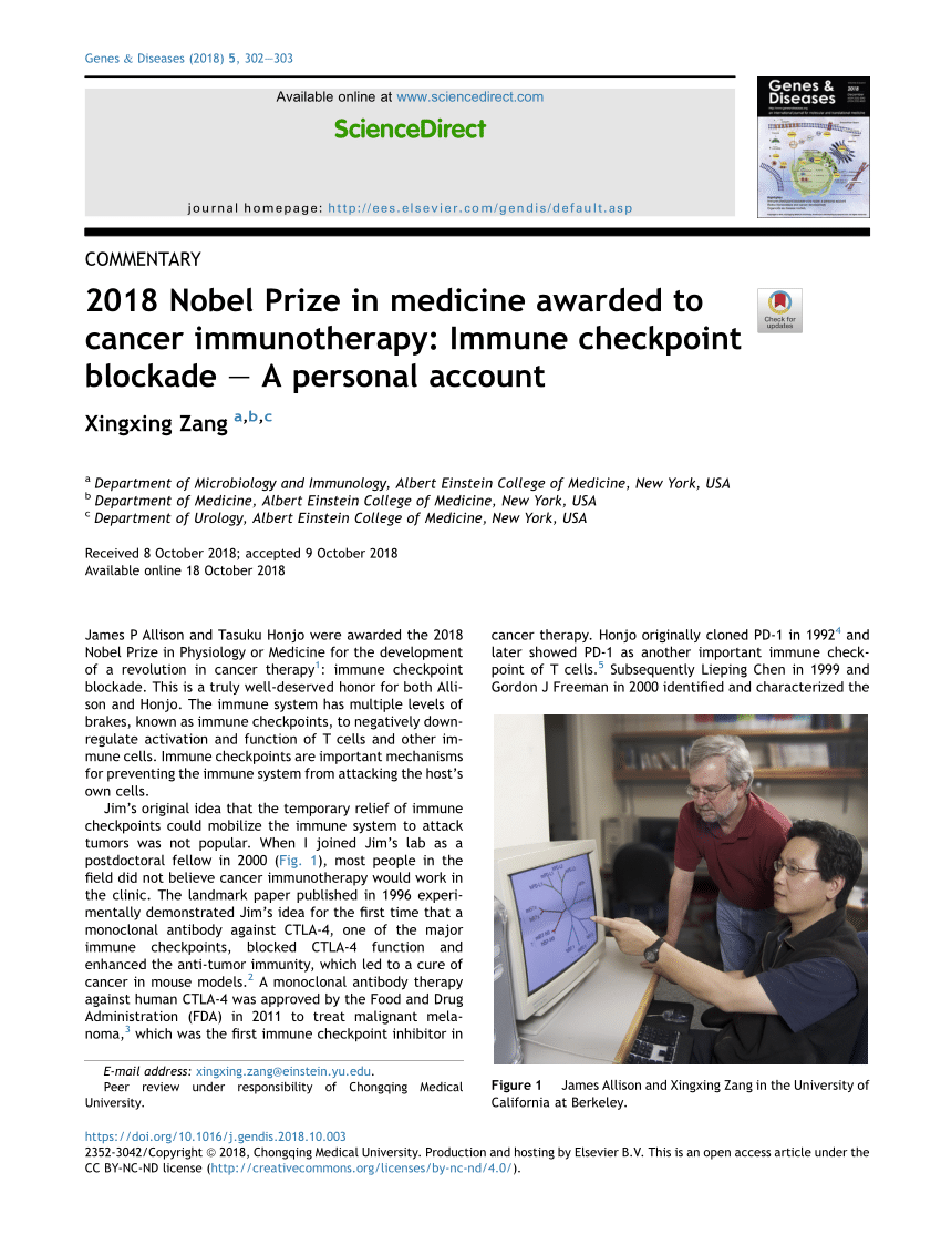 Pdf 18 Nobel Prize In Medicine Awarded To Cancer Immunotherapy Immune Checkpoint Blockade A Personal Account