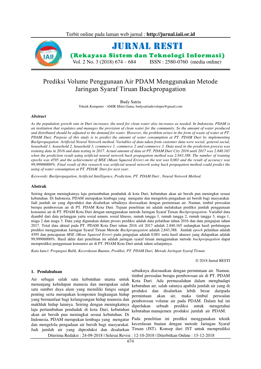 Pdf Prediksi Volume Penggunaan Air Pdam Menggunakan Metode Jaringan Syaraf Tiruan Backpropagation 8976