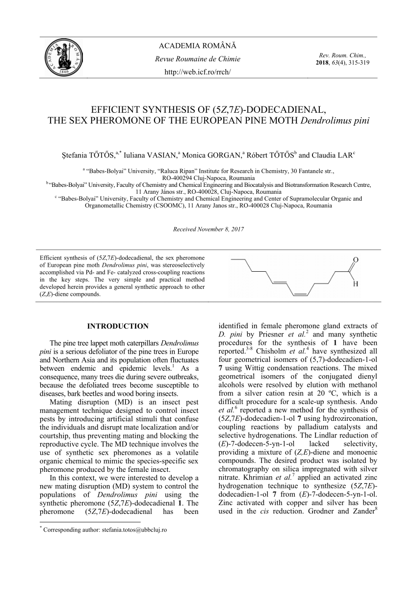 Pdf Efficient Synthesis Of 5z 7e Dodecadienal The Sex Pheromone Of The European Pine Moth