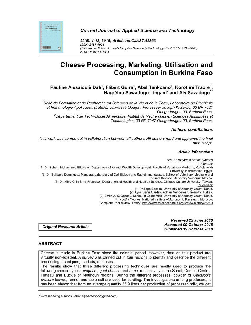 Pdf Cheese Processing Marketing Utilisation And Consumption In Burkina Faso