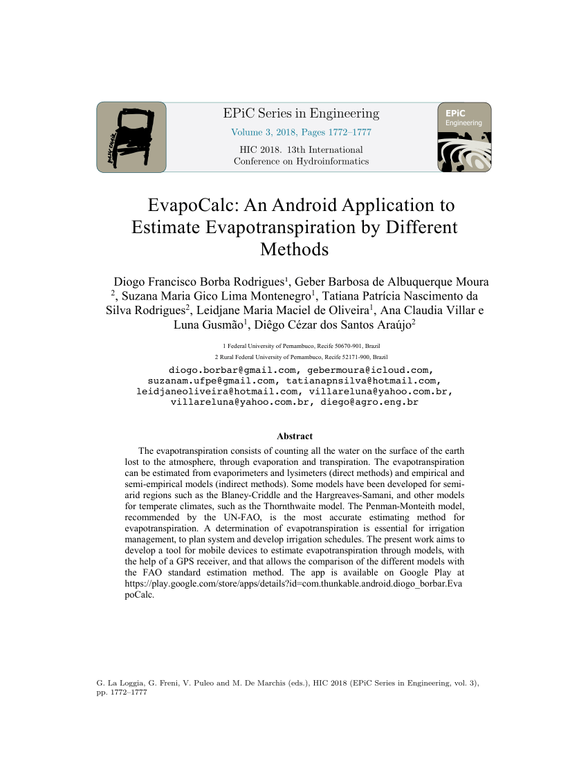 Pdf Evapocalc An Android Application To Estimate Evapotranspiration By Different Methods
