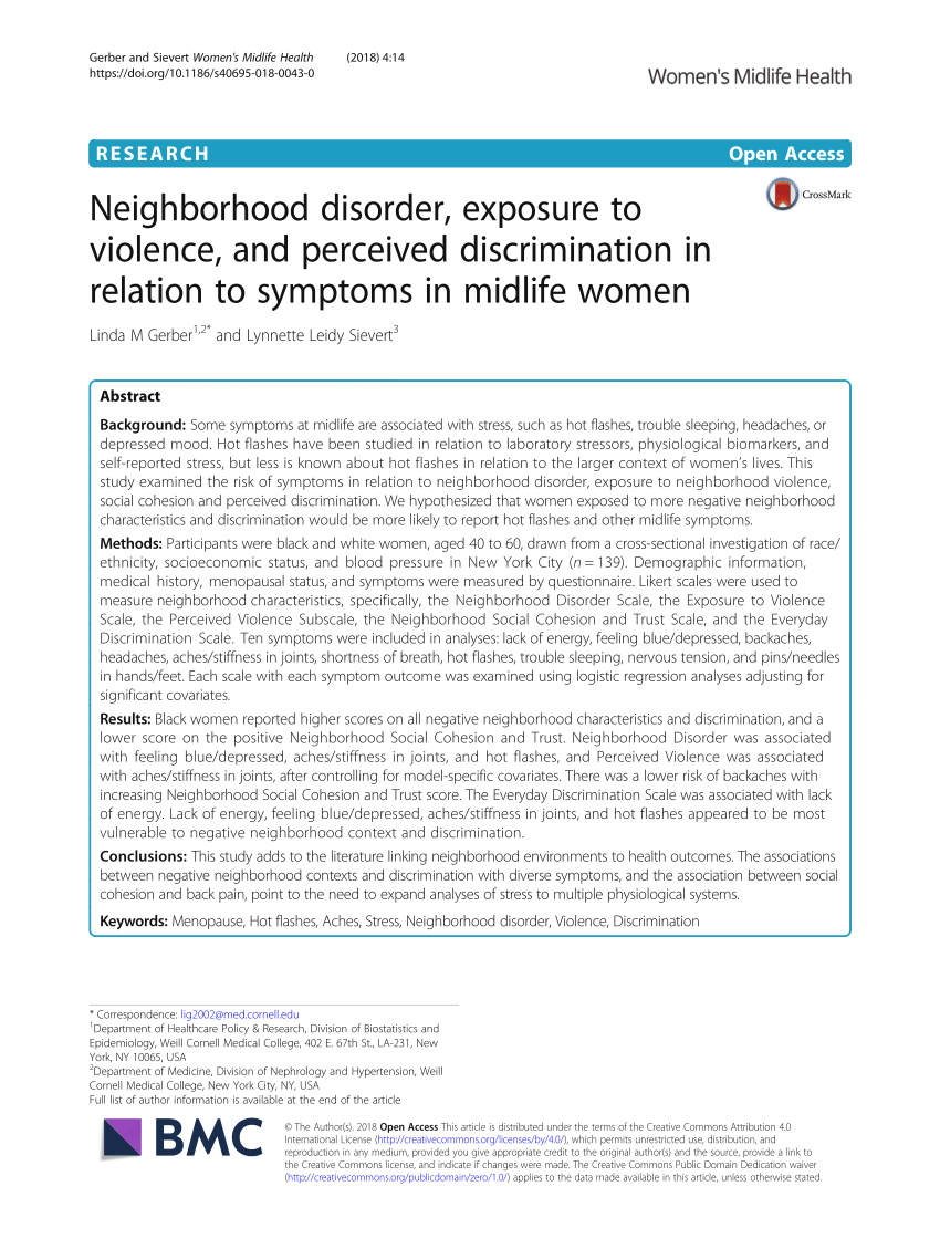 PDF) Neighborhood disorder, exposure to violence, and perceived discrimination in relation to symptoms in midlife women
