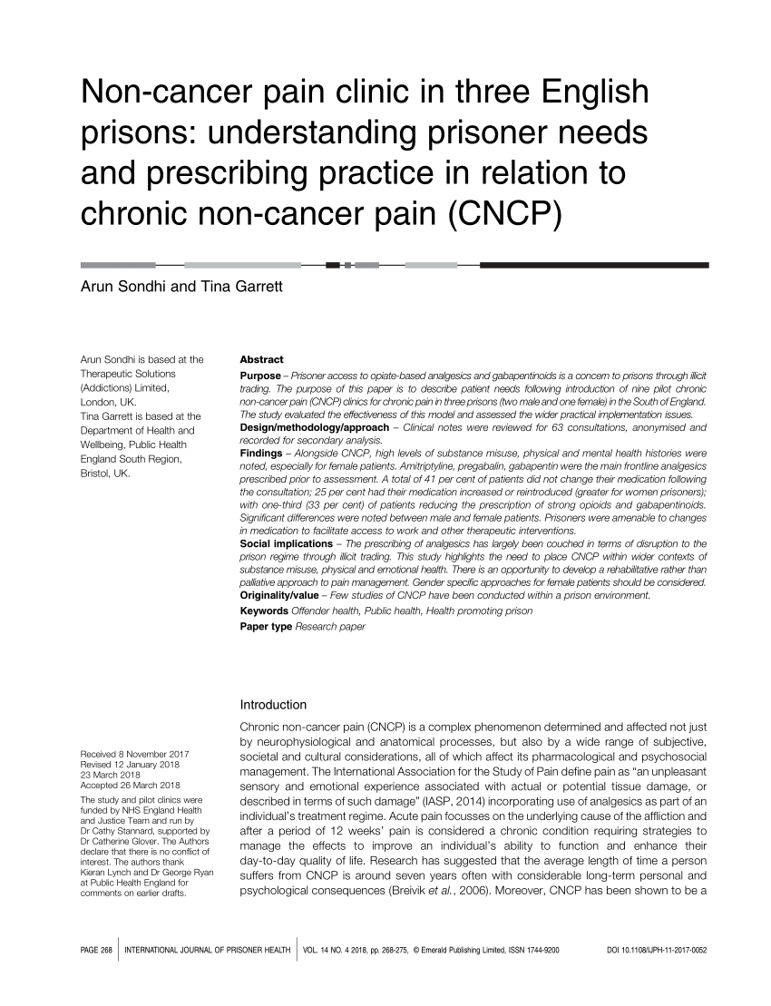 Pdf Non Cancer Pain Clinic In Three English Prisons Understanding Prisoner Needs And Prescribing Practice In Relation To Chronic Non Cancer Pain Cncp
