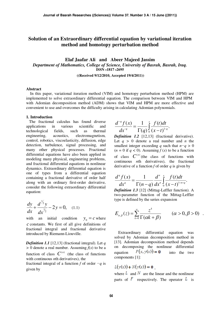 Pdf Solution Of An Extraordinary Differential Equation By Variational Iteration Method And Homotopy Perturbation Method