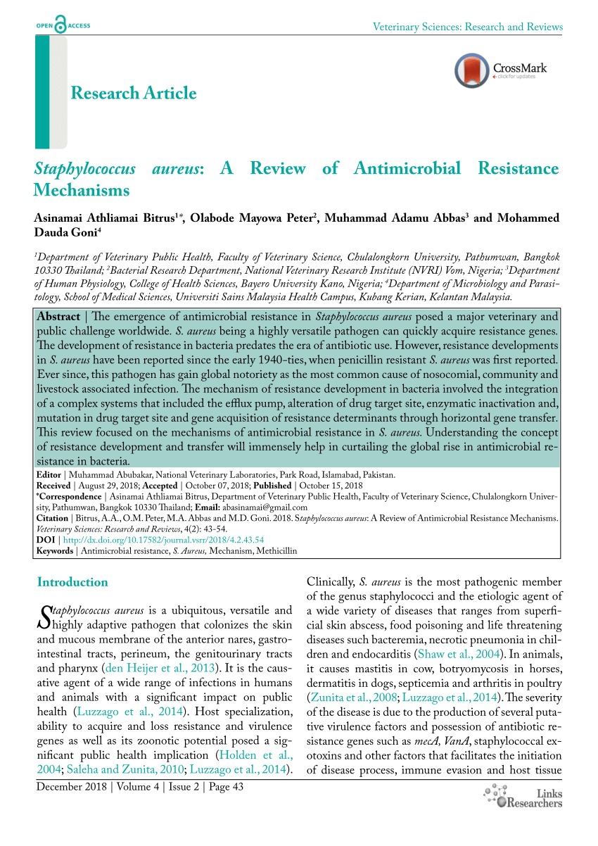 Pdf Staphylococcus Aureus A Review Of Antimicrobial Resistance Mechanism