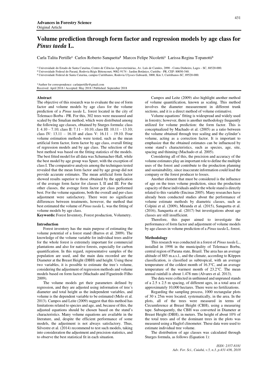 Pdf Volume Prediction Through Form Factor And Regression Models By Age Class For Pinus Taeda L