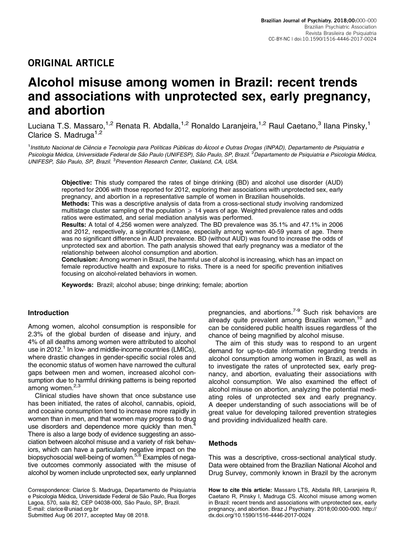 PDF) Alcohol misuse among women in Brazil: recent trends and associations  with unprotected sex, early pregnancy, and abortion