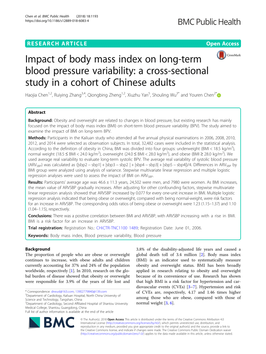 PDF) Impact of body mass index on long-term blood pressure variability A cross-sectional study in a cohort of Chinese adults