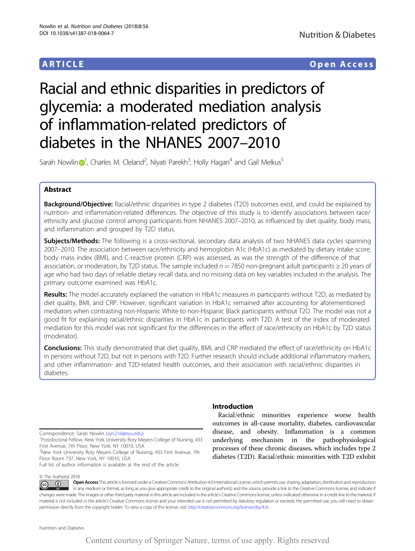 Pdf Racial And Ethnic Disparities In Predictors Of Glycemia A Moderated Mediation Analysis Of Inflammation Related Predictors Of Diabetes In The Nhanes 07 10