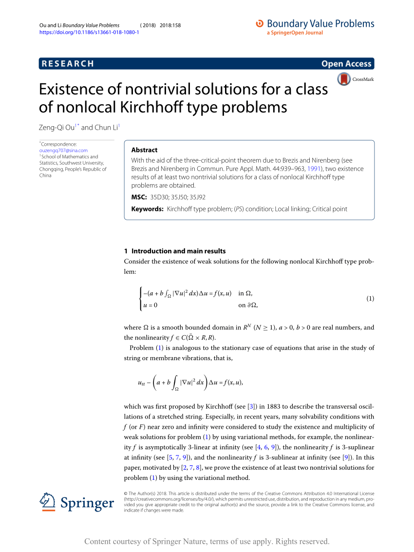 Pdf Existence Of Nontrivial Solutions For A Class Of Nonlocal Kirchhoff Type Problems