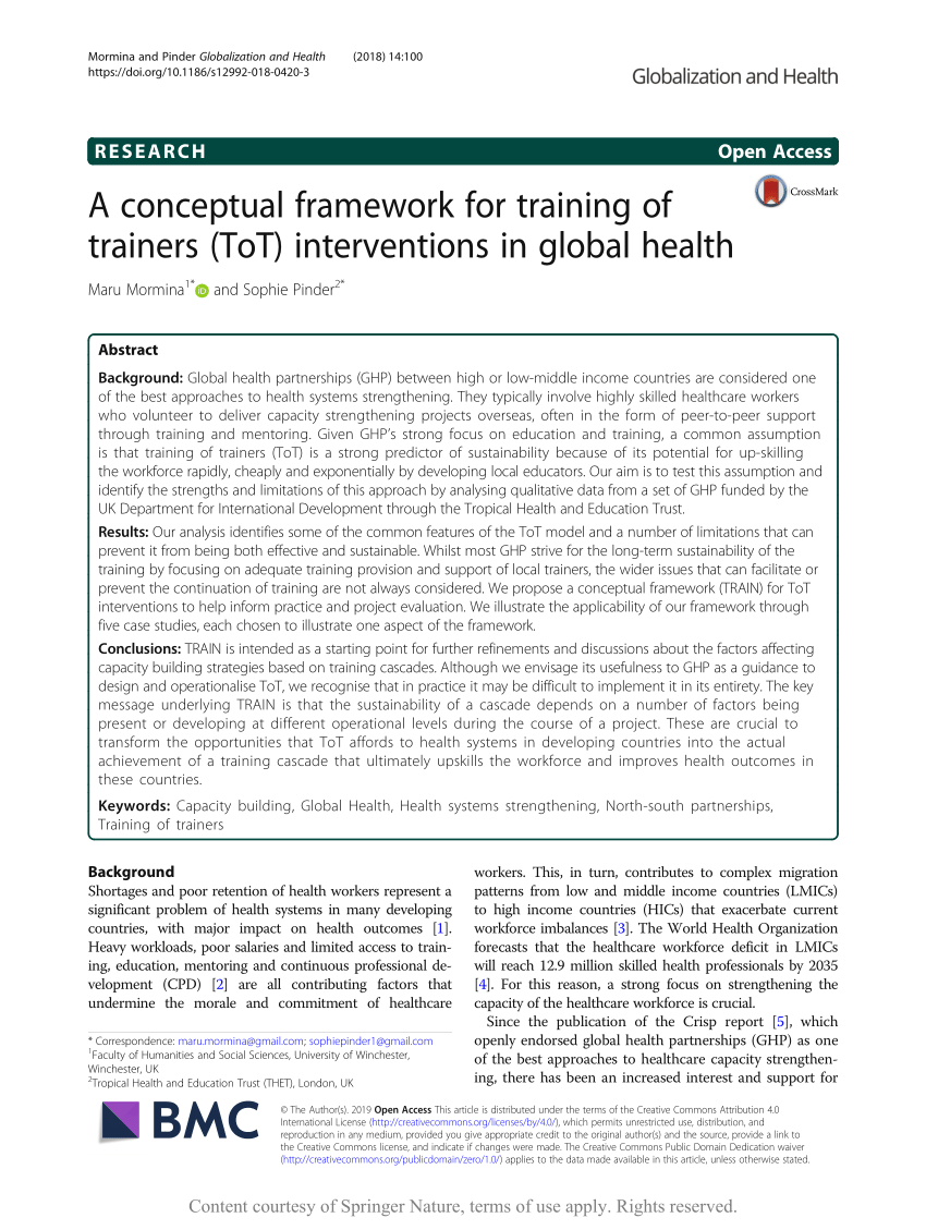 Pdf A Conceptual Framework For Training Of Trainers Tot Interventions In Global Health
