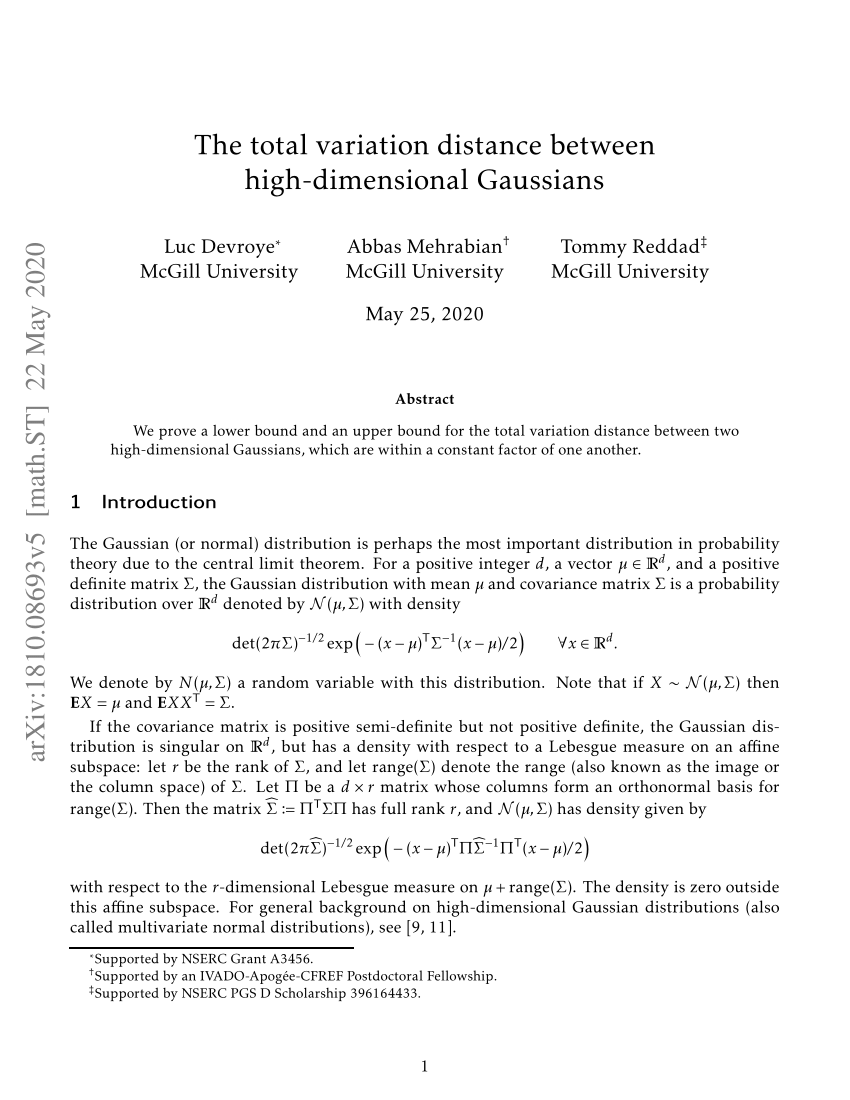 Pdf The Total Variation Distance Between High Dimensional Gaussians